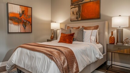 The bedroom exudes warmth with a cozy plush bed featuring crisp white linens and a coppercolored throw blanket. The walls are adorned with abstract art pieces in warm hues while a .