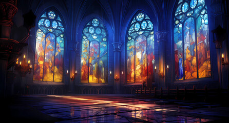 Glowing stained glass windows in the medieval