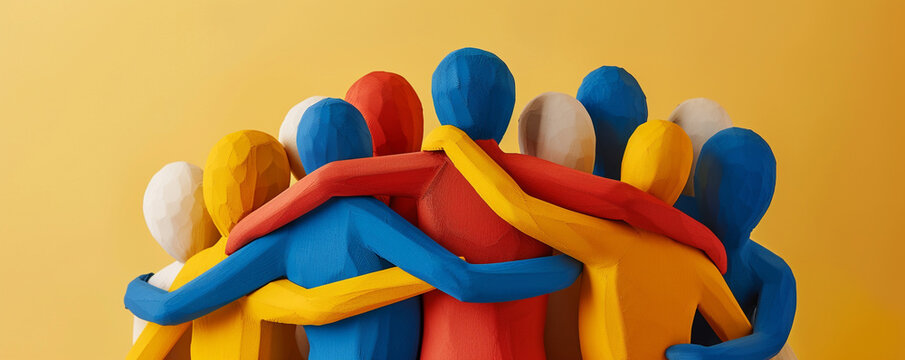 People men women hugging emotional support group friendship colorful papercraft wooden clay sculpture yellow background illustration