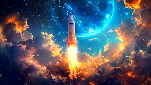 rocket that takes off into space, surrounded by clouds and stars. Seamless looping 4k time-lapse video animation background