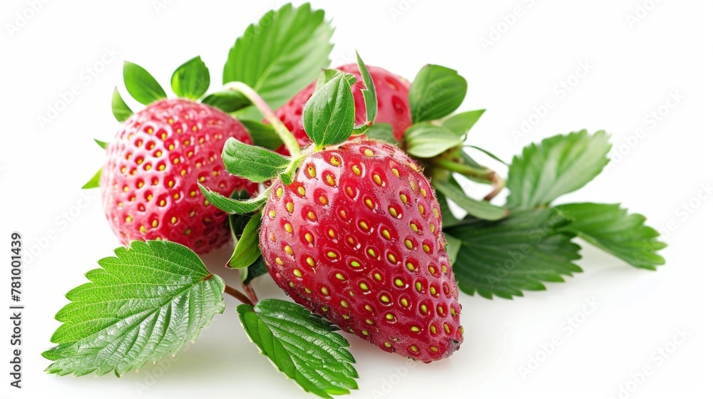 Sticker three strawberries with green leaves on white surface