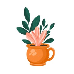 Bright, attractive bunches of flowers in pots. Raster illustration. Fresh flowers in pots.