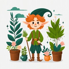 Obraz na płótnie Canvas Cute elf. Happy garden elves with watering can, shovel, flower. Fairytale elf in a hat. Flat cartoon fantasy dwarf elf vector character set with lantern and plants isolated on white