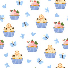 Vector cute easter set. An egg with ears and a chicken in an egg. Cute eggs. Basket with eggs. Cute Easter patterns.	
