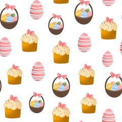 Vector cute easter set. An egg with ears and a chicken in an egg. Cute eggs. Basket with eggs. Cute Easter patterns.	
