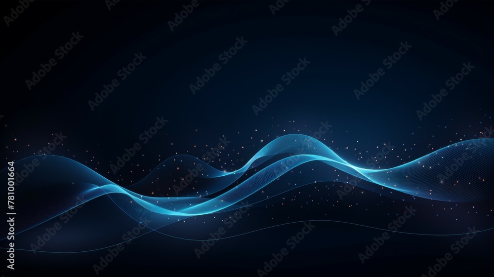 Poster abstract blue waves with glowing particles - deep blue abstract waves with sparkling particles again