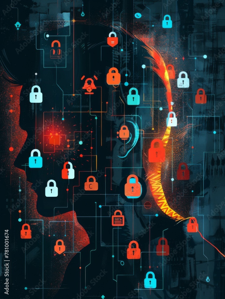 Aufkleber cybersecurity concept with padlocks on face - detailed image portrays a face overlaid with various d
