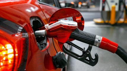 A red fuel pump nozzle filling up a cars gas tank but instead of gasoline the nozzle is dispensing a renewable biofuel made from discarded waste. . - obrazy, fototapety, plakaty