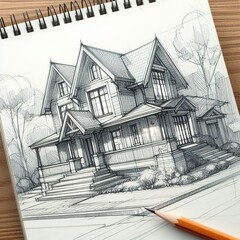 Drawing house on notebook sketchbook concept sketch art pencil