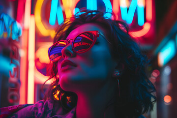 Fototapeta na wymiar Trendy young woman posing with reflective sunglasses against vibrant neon lights at night