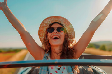 Excited young woman with sunglasses and hat, arms raised in freedom, during a sunny car ride