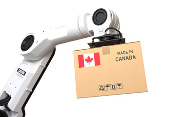 The robot arm is lifting a box of products made in Canada on transparent background