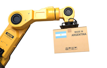 The robot arm is lifting a box of products made in Argentina on transparent background