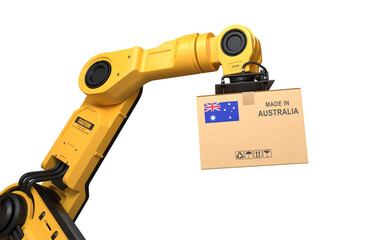 The robot arm is lifting a box of products made in Australia on transparent background