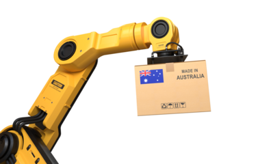 The robot arm is lifting a box of products made in Australia on transparent background