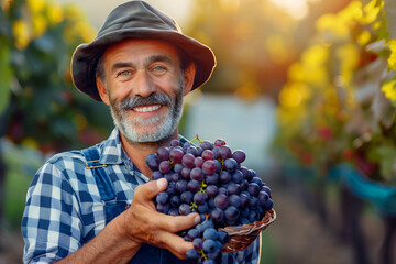Joyful senior man in hat presenting a basket of ripe grapes in a vineyard at sunset - obrazy, fototapety, plakaty