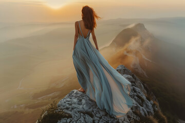 Fototapeta na wymiar Serene sunset on a cliff, where a graceful figure exudes peace and harmony