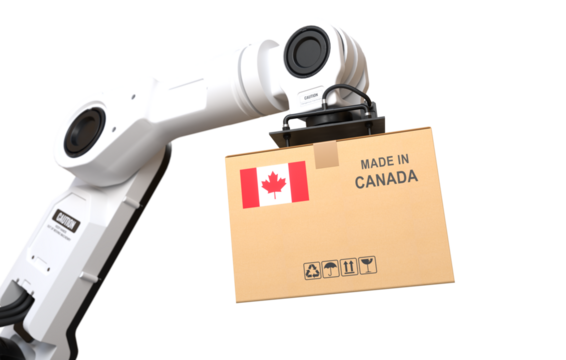 The robot arm is lifting a box of products made in Canada on transparent background