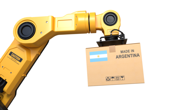 The robot arm is lifting a box of products made in Argentina on transparent background