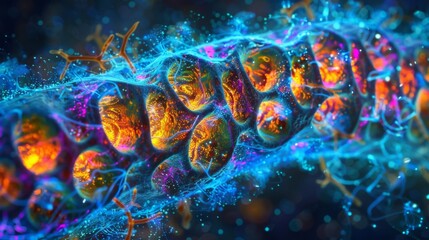 A zoomedin view of the inner membrane of a mitochondrion showing the complex network of proteins and enzymes that carry out the crucial - obrazy, fototapety, plakaty