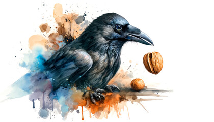 Naklejka premium Watercolor painting of a crow with nut on white background