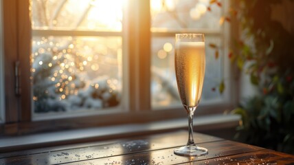 Sparkling beverage in tall glass set on windowsill, with warm, sunlit winter scene outside - obrazy, fototapety, plakaty