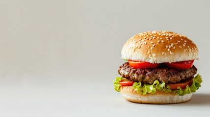 Classic hamburger with lettuce, tomato, and beef patty on sesame seed bun against white background