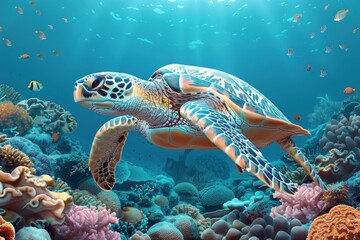 Obraz premium A turtle swimming in the ocean with a blue and orange shell.