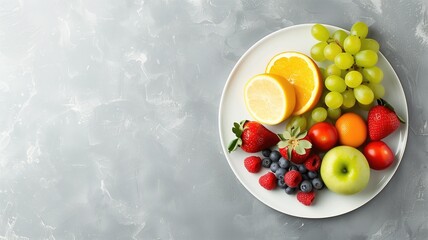 Assorted fresh fruits on white plate with grey textured background