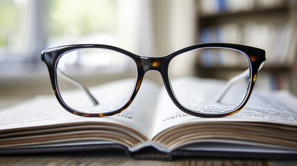 Pair of black eyeglasses resting on open book with blurred background