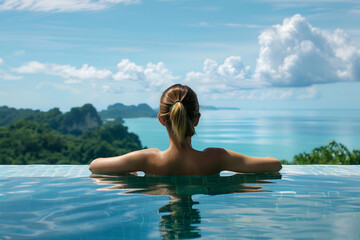 Woman savouring a peaceful moment by an infinity pool with a serene ocean view - obrazy, fototapety, plakaty