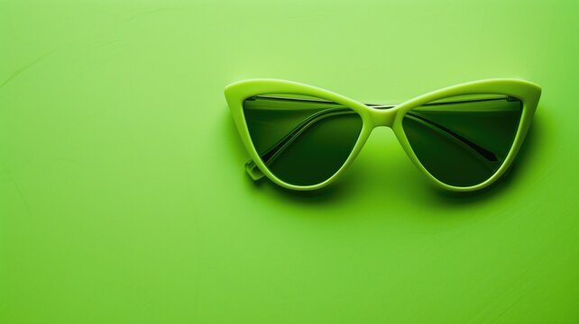 Pair of green sunglasses lies on matching textured background, creating monochromatic look