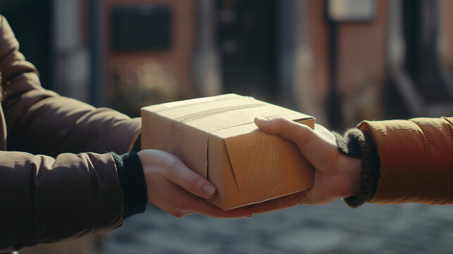 A delivery man is handing over a cardboard box to a customer