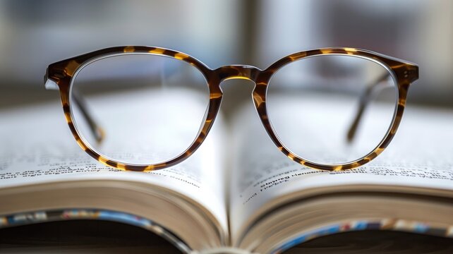 Pair of tortoiseshell glasses resting on open book with blurred text