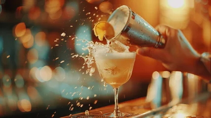 Foto op Plexiglas Bartender is pouring cocktail into glass, causing dynamic splash with slice of citrus garnish © Татьяна Макарова