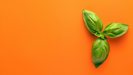 Three fresh green basil leaves on vibrant orange background, placed in upper left corner with ample copy space
