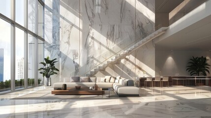 As natural light pours in through large windows it reflects off the glossy marble adding depth and brightness to the space. . - obrazy, fototapety, plakaty
