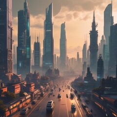 A futuristic city skyline dominated by towering AI-powered robots.