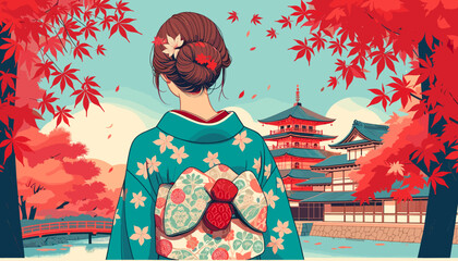 Concept of Kyoto in the autumn leaves. Vector illustration.