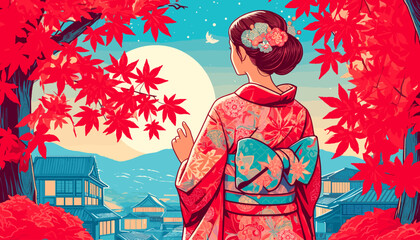 Concept of Kyoto in the autumn leaves. Vector illustration.