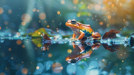 Beautiful frog in river  - obrazy, fototapety, plakaty