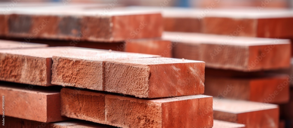 Poster a detailed view of a pile of red bricks neatly stacked on top of each other