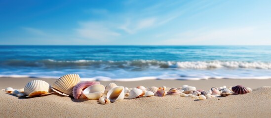 Fototapeta na wymiar Various shells and sea shells scattered across the sandy beach under a clear blue sky, creating a serene coastal scene