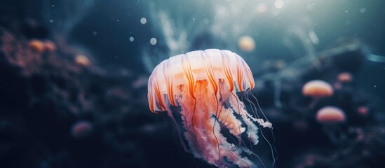 A serene underwater scene featuring a jellyfish gracefully moving through a sea filled with various gelatinous organisms - obrazy, fototapety, plakaty