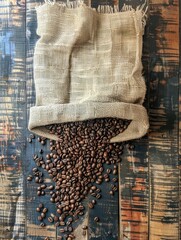 Spilled coffee beans from burlap bag - Rustic scene of coffee beans spilling from a textured burlap bag onto a wooden surface