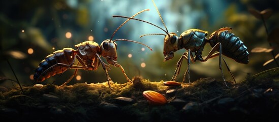 Two small insects, likely ants, are locked in a physical struggle in the obscurity of darkness.