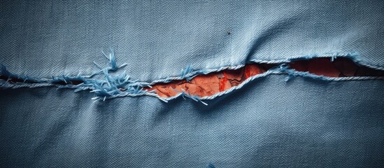 Detail view showcasing torn blue denim fabric with a visible hole in the material - obrazy, fototapety, plakaty