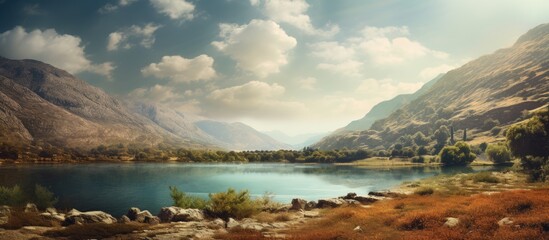 Serenely placed lake situated in the midst of towering mountain peaks against a backdrop of the expansive sky - obrazy, fototapety, plakaty