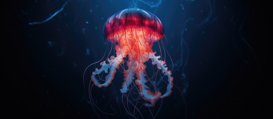 A jellyfish with tentacles resembling a heart drifting gracefully in the deep blue ocean