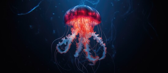 Obraz premium A jellyfish with tentacles resembling a heart drifting gracefully in the deep blue ocean